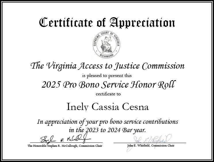 Certificate of Appreciation<br>
Virginia Access to Justice Commission